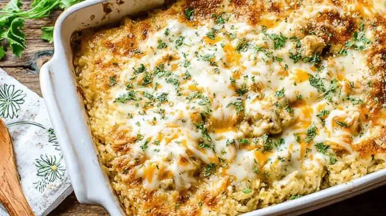 Mouth-watering One-Pan Chicken and Rice Casserole, freshly baked with bubbly cheese and fresh herbs, served in a white baking dish on a rustic wooden table.