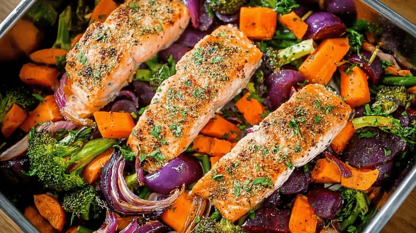 A vibrant one pan baked salmon with veggies dish, featuring golden salmon fillets and roasted broccoli, sweet potatoes, and red onions in a metallic pan.