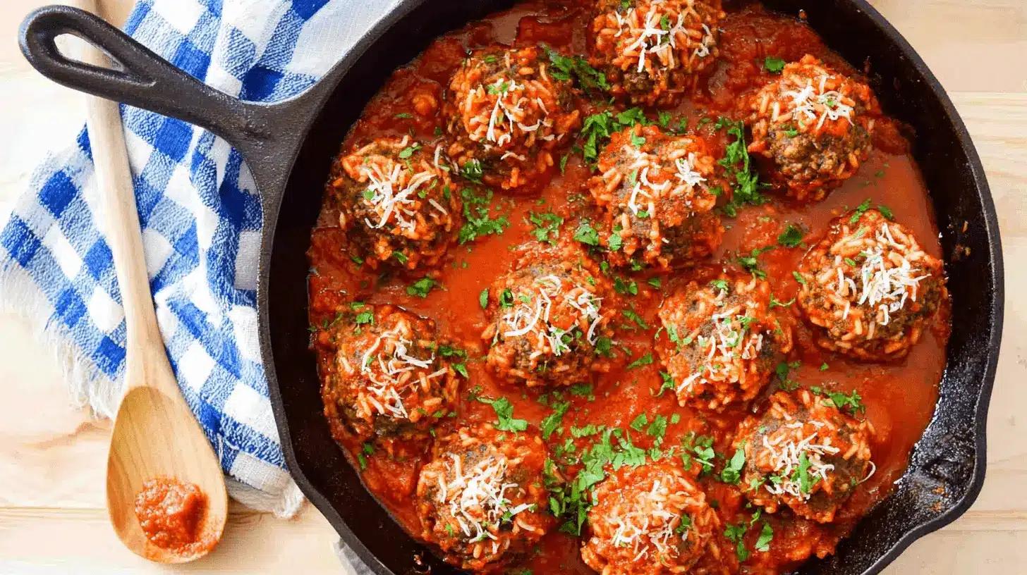 Delicious cast iron skillet of porcupine meatballs in rich tomato sauce, garnished with Parmesan and fresh parsley on a rustic wooden table.