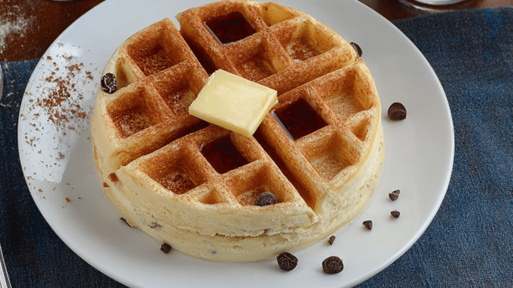 Golden, thick protein waffle topped with a square of butter, syrup in the waffle pockets, and chocolate chips scattered on a white plate.