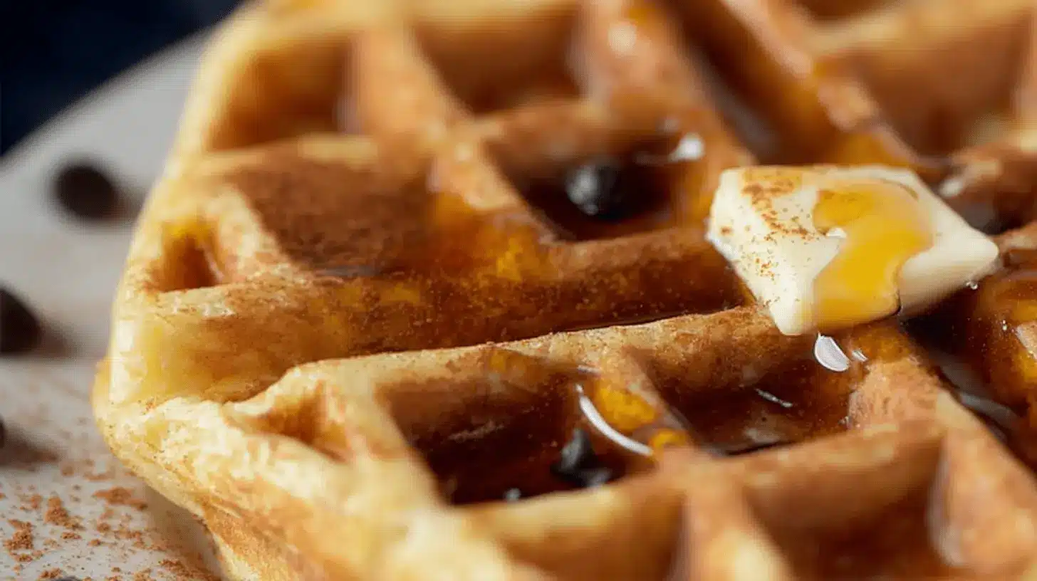 Golden-brown protein waffle with melting butter, maple syrup, cinnamon, and chocolate chips, showcasing a mouth-watering protein waffle recipe.