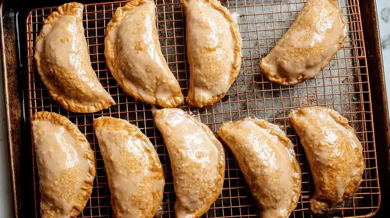 Freshly baked glazed pumpkin pasties cooling on a copper wire rack.