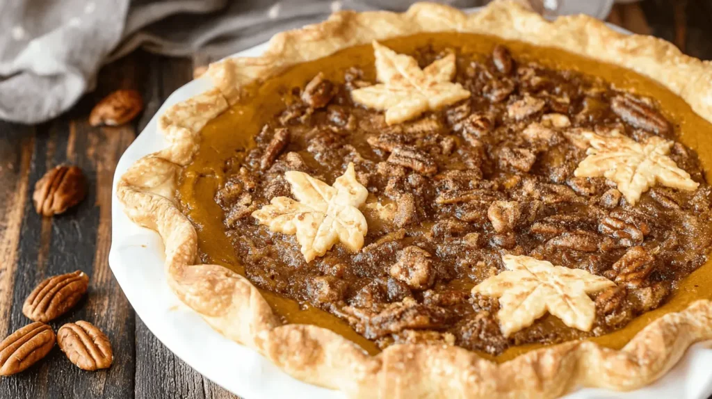 The Best Pumpkin Pecan Pie Recipe 1 A delectable pumpkin pecan pie with a golden, flaky crust and glistening streusel topping, ideal for a memorable pumpkin pecan pie recipe.