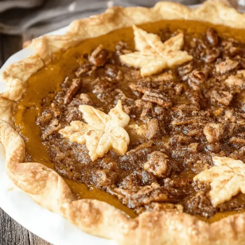 The Best Pumpkin Pecan Pie Recipe 2 A delectable pumpkin pecan pie with a golden, flaky crust and glistening streusel topping, ideal for a memorable pumpkin pecan pie recipe.
