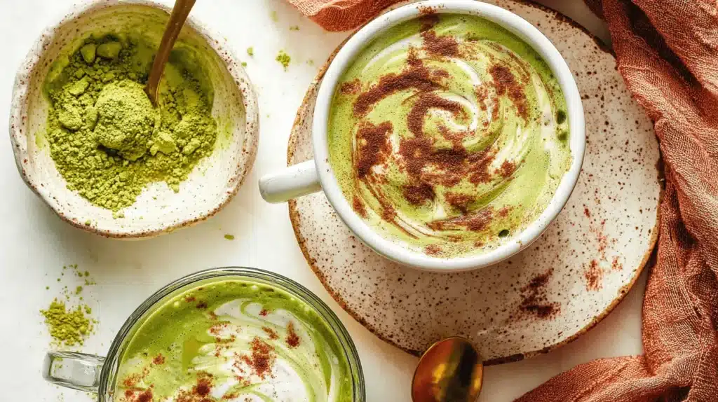 Easy Pumpkin Spice Matcha Latte Recipe 1 Vibrant overhead flat lay of a pumpkin spice matcha latte recipe, showing two mugs with creamy foam and artistic spice dusting, alongside matcha powder and rustic elements.