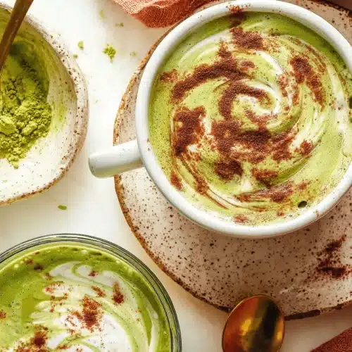 Easy Pumpkin Spice Matcha Latte Recipe 2 Vibrant overhead flat lay of a pumpkin spice matcha latte recipe, showing two mugs with creamy foam and artistic spice dusting, alongside matcha powder and rustic elements.