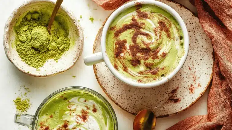 Vibrant overhead flat lay of a pumpkin spice matcha latte recipe, showing two mugs with creamy foam and artistic spice dusting, alongside matcha powder and rustic elements.