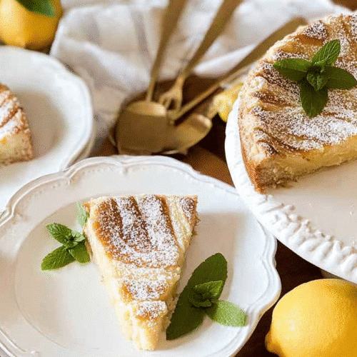 A freshly baked classic Italian ricotta pie with a golden crust, dusted with powdered sugar and garnished with mint leaves, served alongside lemon slices on white plates.