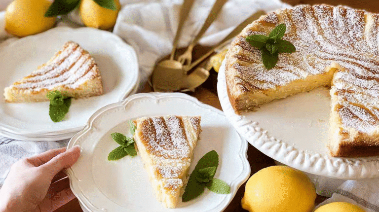 A freshly baked classic Italian ricotta pie with a golden crust, dusted with powdered sugar and garnished with mint leaves, served alongside lemon slices on white plates.