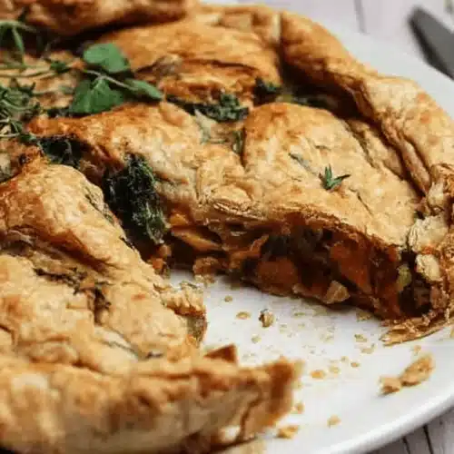 Rustic Savory Vegetable Pie with a golden, flaky crust and vibrant sweet potato and green filling, garnished with fresh thyme.