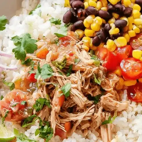 A close-up of vibrant Shredded Salsa Chicken Rice Bowls with corn, black beans, tomatoes, cilantro, and lime wedges.