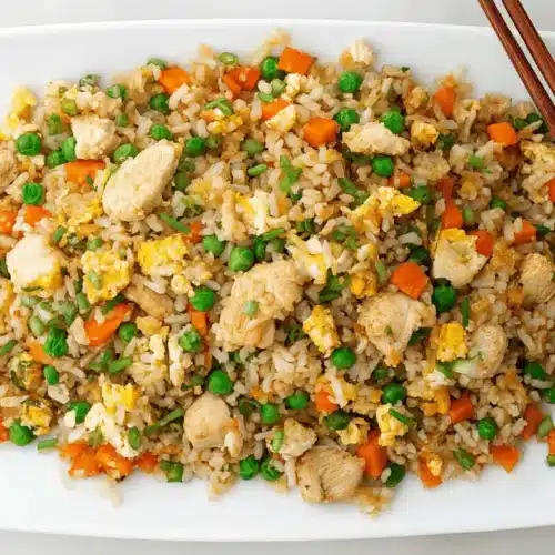 Top-down view of a delicious Simple Chicken and Veggie Fried Rice on a white plate with dark wooden chopsticks.