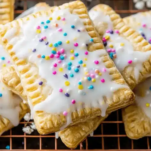 Strawberry Pop Tarts 1 Homemade frosted strawberry pop tart pastries with colorful sprinkles on a cooling rack.