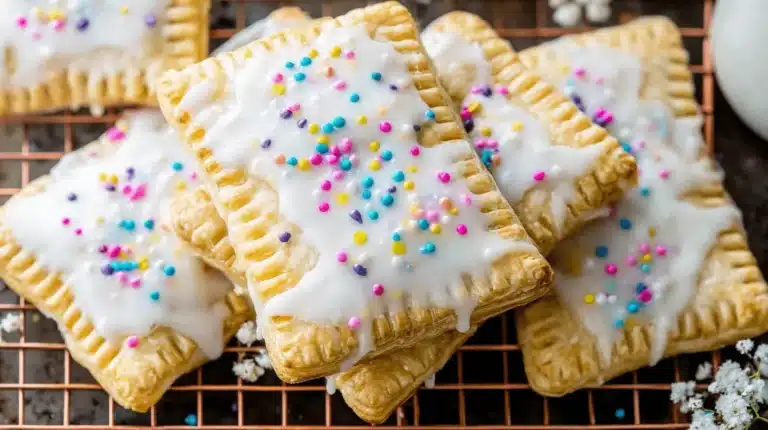 Homemade frosted strawberry pop tart pastries with colorful sprinkles on a cooling rack.