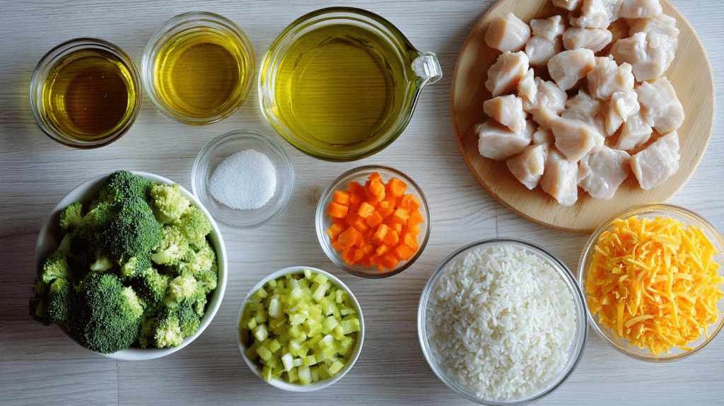 Cheesy One-Pan Chicken Broccoli Rice Skillet 2 Overhead view of neatly arranged Chicken Broccoli Rice Skillet ingredients, including bowls of oil, salt, diced carrot, celery, uncooked rice, shredded cheddar cheese, fresh broccoli florets, and chopped raw chicken on a wooden board.