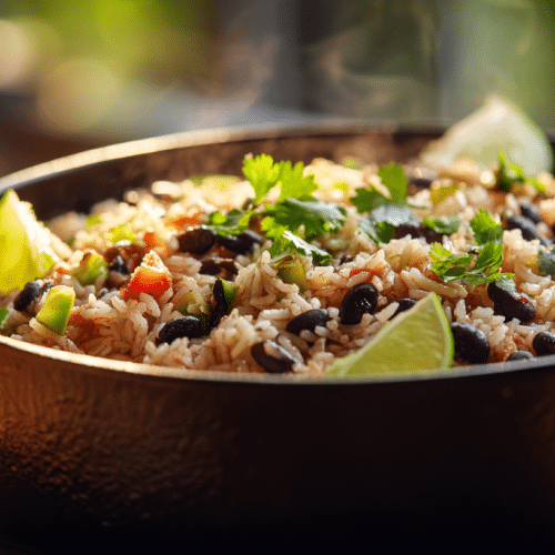 Steaming classic rice and black beans served in a black cast-iron skillet, garnished with fresh cilantro and lime wedges, with warm natural light highlighting the fluffy rice and colorful vegetables.