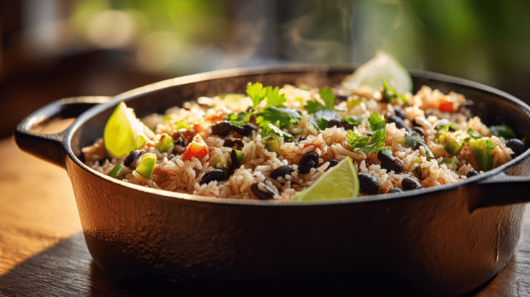 Steaming classic rice and black beans served in a black cast-iron skillet, garnished with fresh cilantro and lime wedges, with warm natural light highlighting the fluffy rice and colorful vegetables.