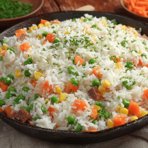 Garlic Butter Rice with Frozen Veggies in a skillet, showing fluffy garlic butter rice mixed with peas, corn, and carrots, garnished with chopped parsley on a rustic wooden table.