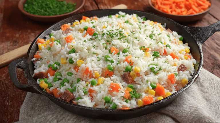 Garlic Butter Rice with Frozen Veggies in a skillet, showing fluffy garlic butter rice mixed with peas, corn, and carrots, garnished with chopped parsley on a rustic wooden table.