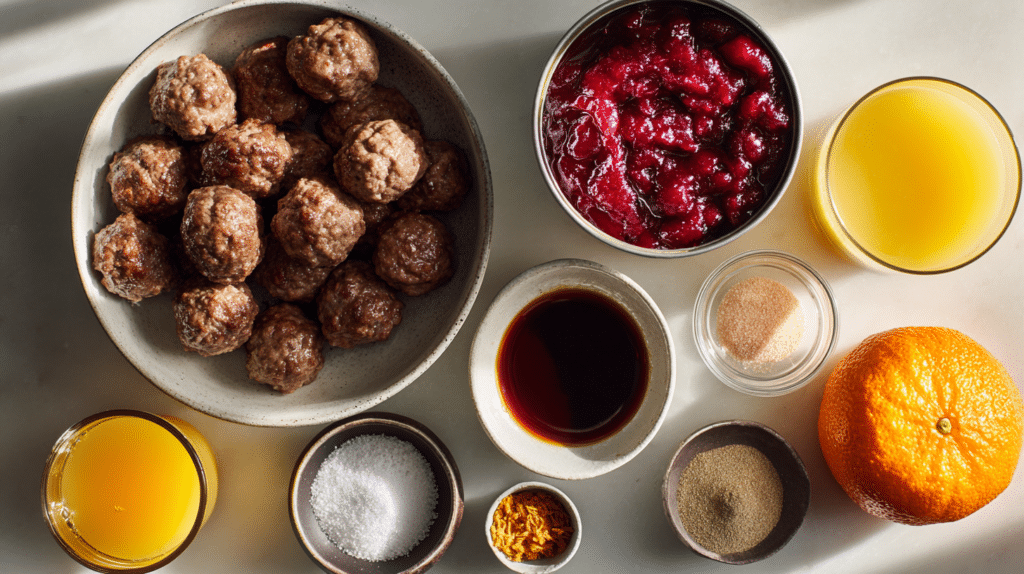 Overhead view of ingredients for holiday cranberry orange meatballs, including a bowl of cooked beef meatballs, whole cranberry sauce, orange juice, brown sugar, soy sauce, spices, and a fresh orange arranged on a light surface.