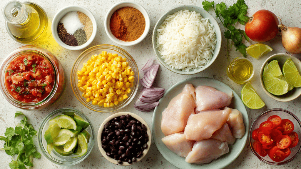 Overhead view of raw chicken, cooked white rice, salsa, black beans, corn, cherry tomatoes, lime wedges, fresh cilantro, spices, onions, and avocado oil arranged in bowls on a light countertop, ready for shredded salsa chicken rice bowls.