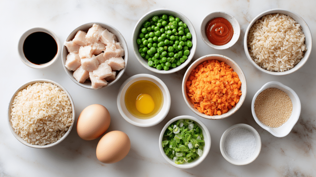 Overhead view of neatly arranged bowls filled with diced chicken, cooked rice, peas, carrots, green onions, an egg, soy sauce, sesame seeds, salt, and sriracha on a light marble surface.